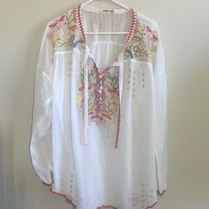 Johnny Was White Embroidered Tunic with Multicolor Floral Accents